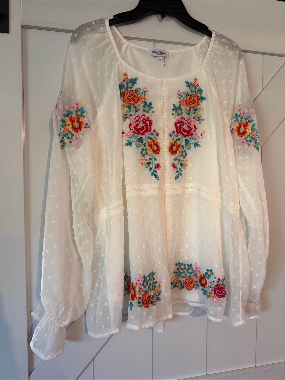 Angel Heart Boutique White Swiss Dot Peasant Blouse with Floral Embroidery